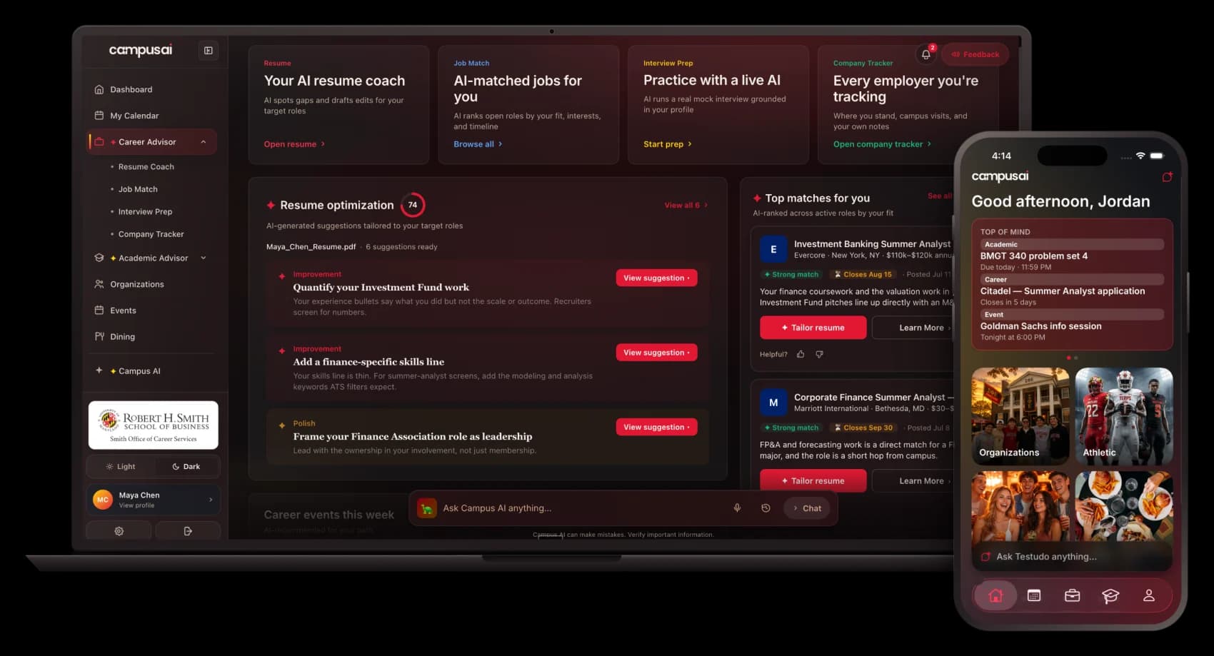 CampusAI on a laptop and a phone, showing the career dashboard and the mobile home screen